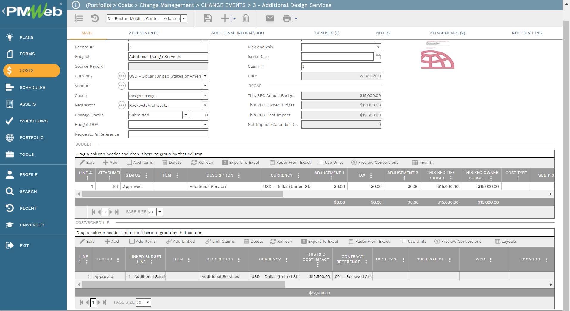 PMWeb 7 Costs Change Managment Change Events Additional Design Services 