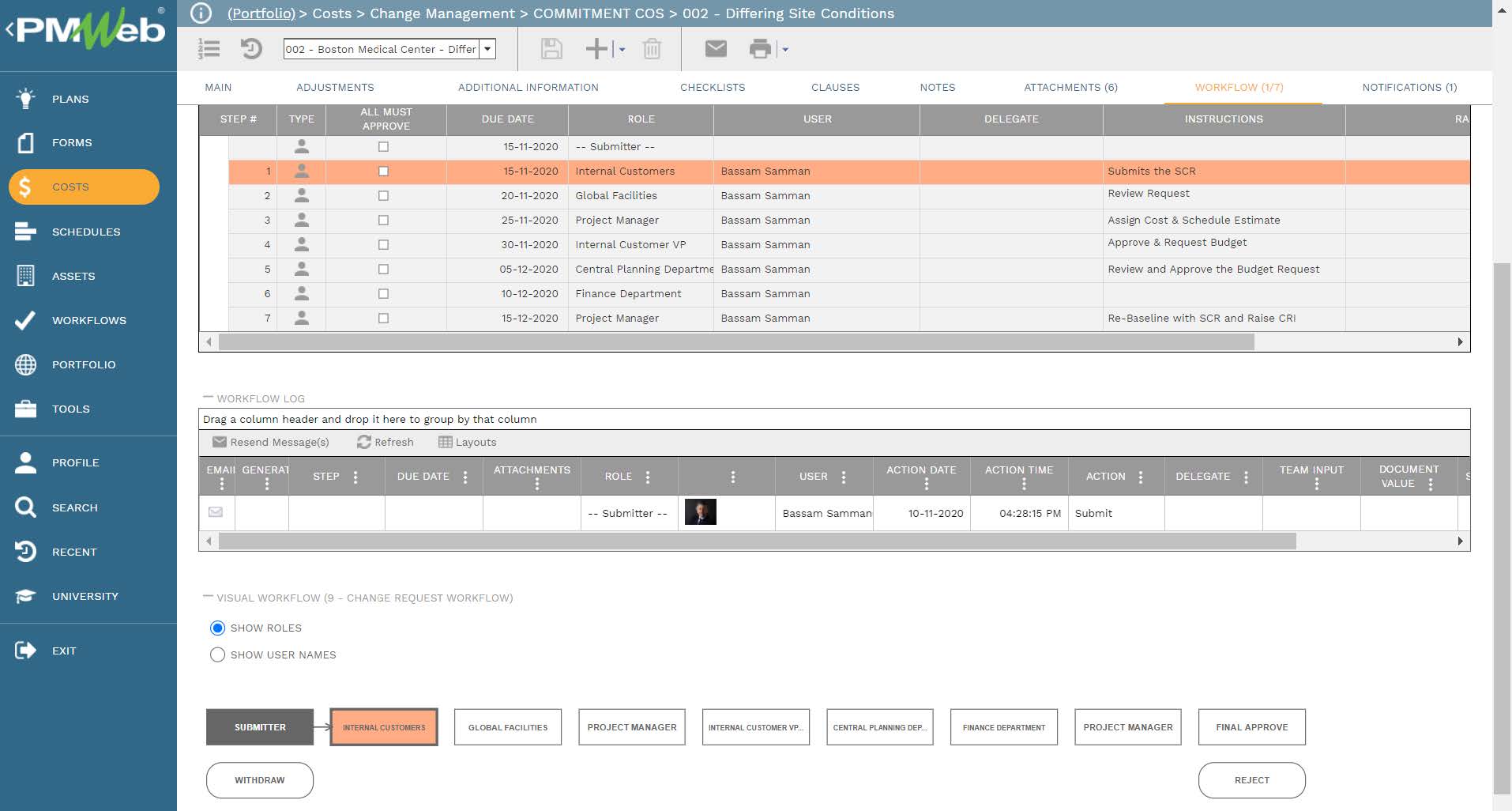 PMWeb 7 Costs Change Management Commitment COS Differing Site Conditions
Workflow 