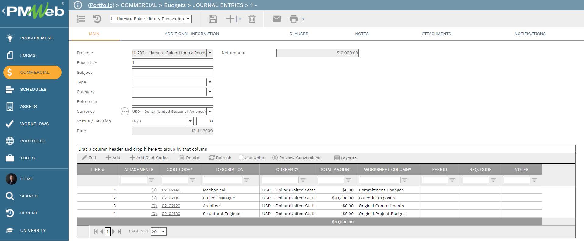 PMWeb Commercial Budgets Journal Entries 
Main