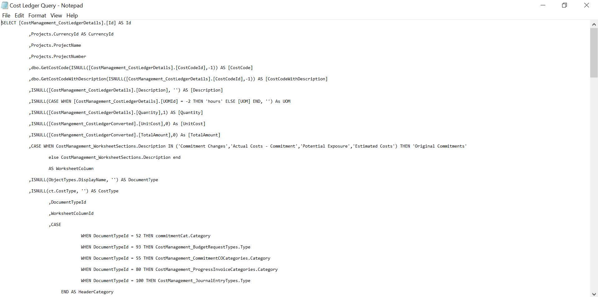 PMWeb 7 Cost Ledger Query - Notepad 