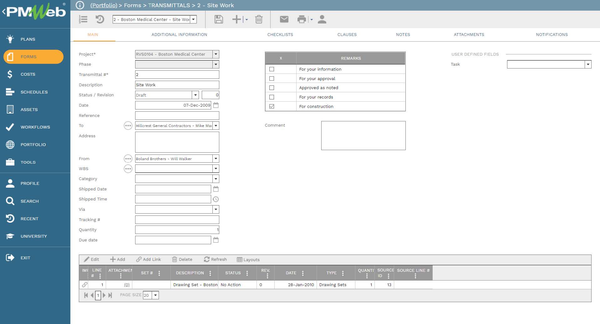 PMWeb 7 Forms Transmittals Site Work
Main 