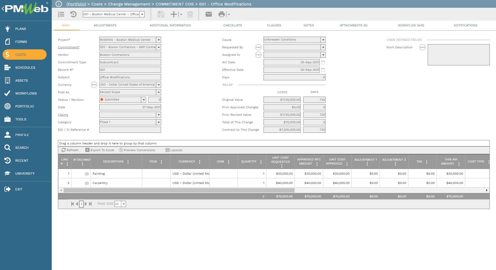 PMWeb 7 Costs Change Management  
Commitment COS Office Notifications 
Main