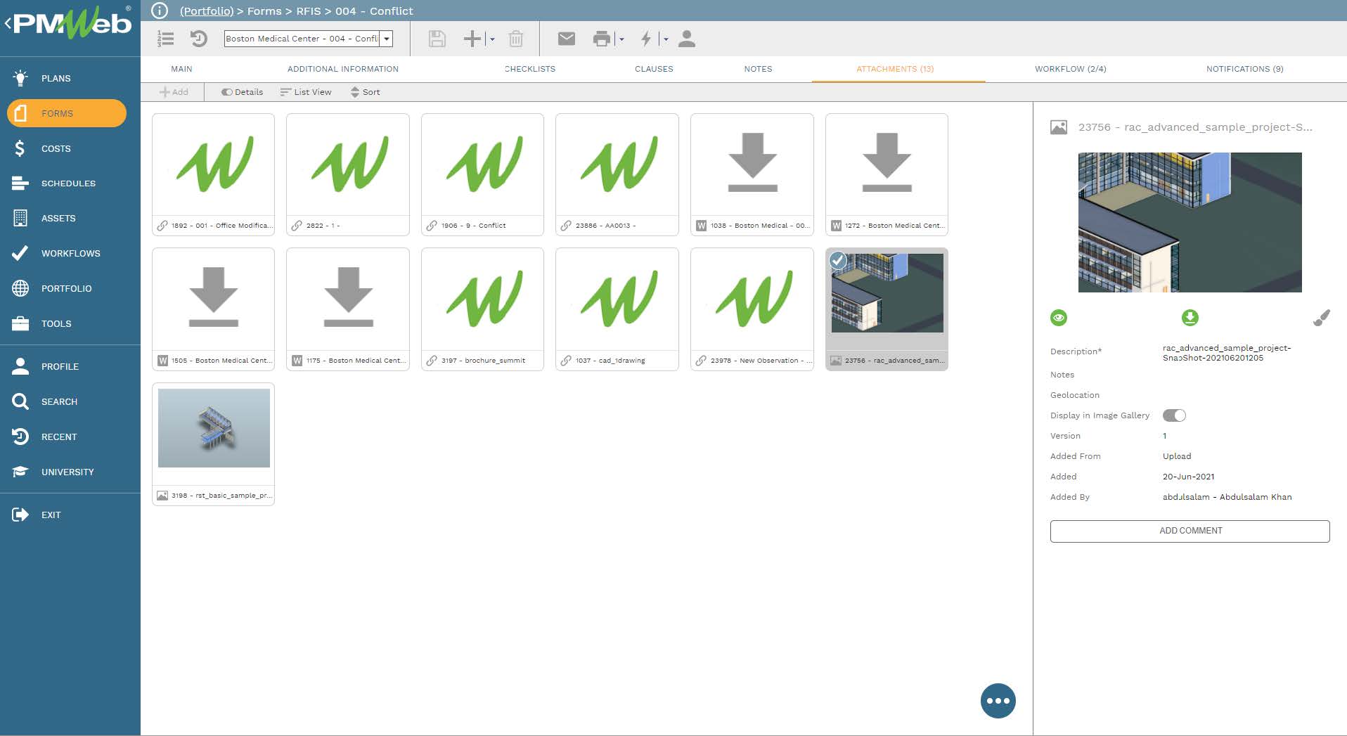 PMWeb 7 Forms RFIs Conflict 
Attachment 