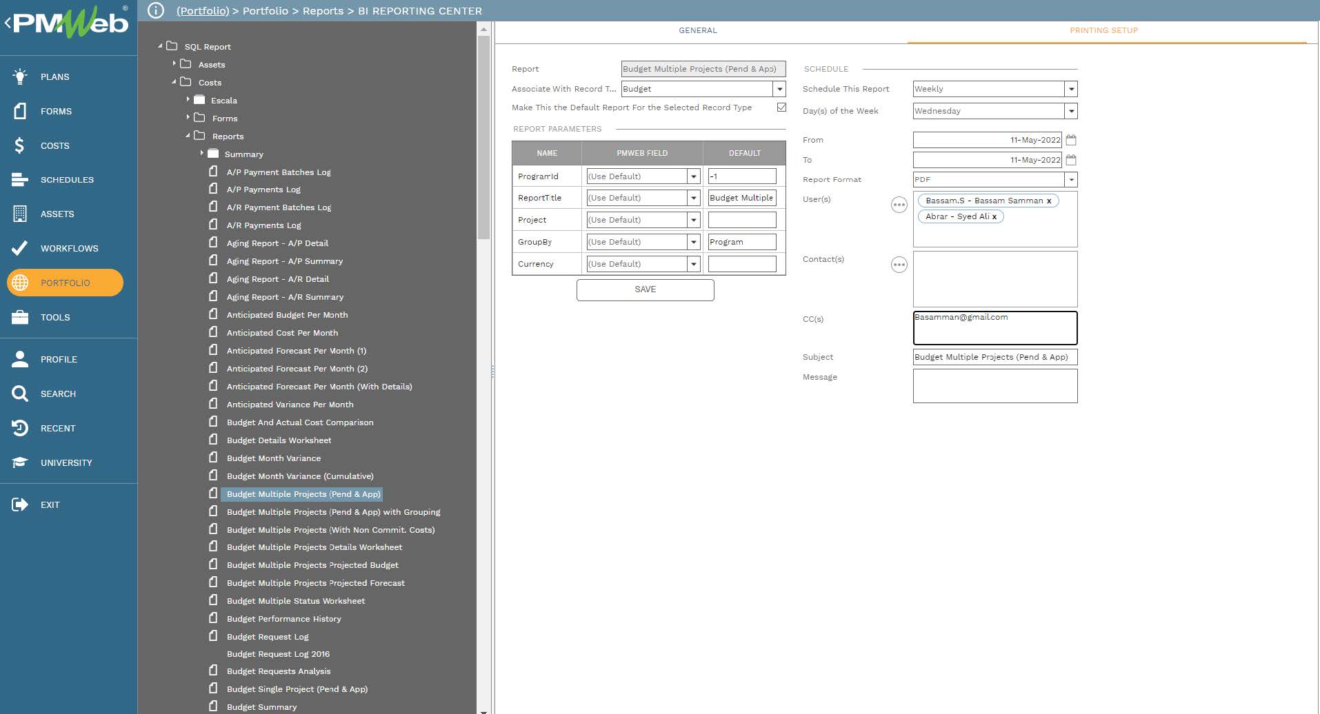 PMWeb 7 Portfolio Reports BI Reporting Center 
Printing Setup 