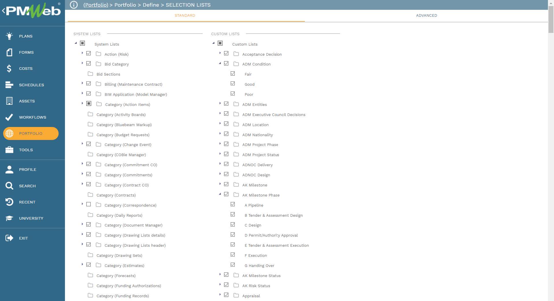 PMWeb 7 Portfolio Define Selection Lists 
Standers 