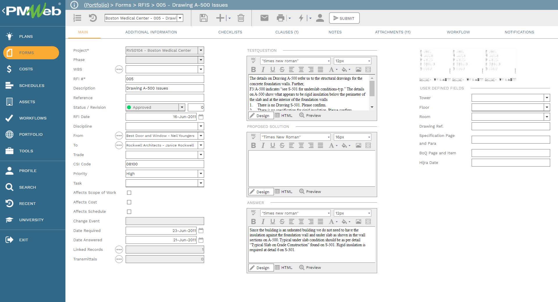 PMWeb 7 Forms RFIs Drawing 500 Issues 
Main 