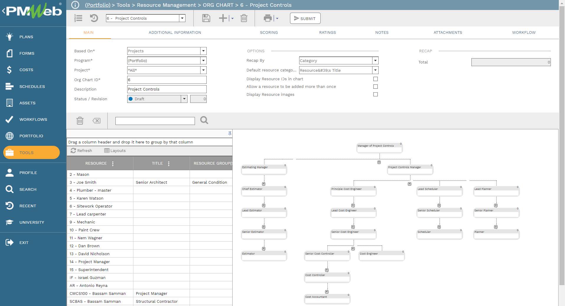 PMWeb 7 Tools Resource Management ORG Chart Project Controls 
Main