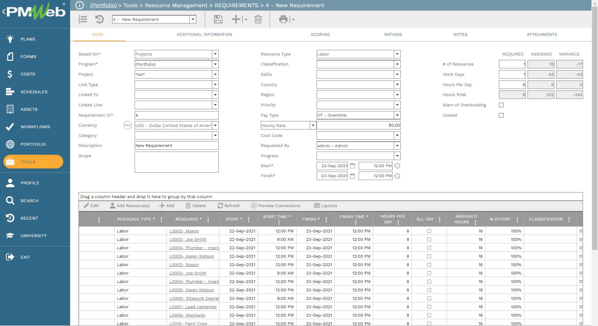 PMWeb 7 Tools Resource Management Requirements New Requirement 
Main 