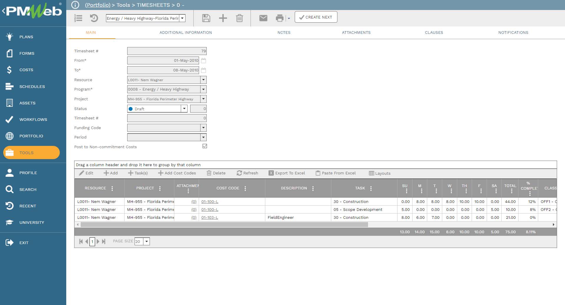 PMWeb 7 Tools Timesheets 
Main 
