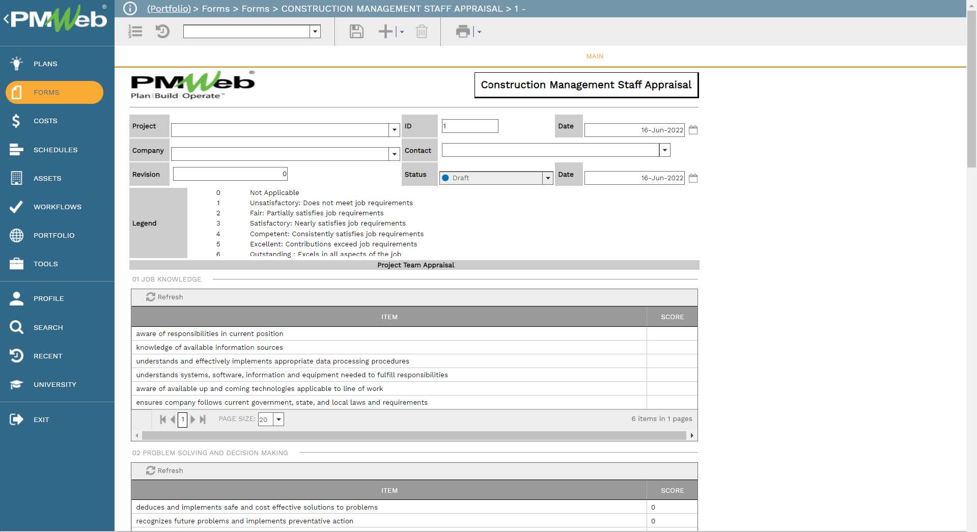 PMWeb 7 Forms Forms Construction Management Staff Appraisal 
Main