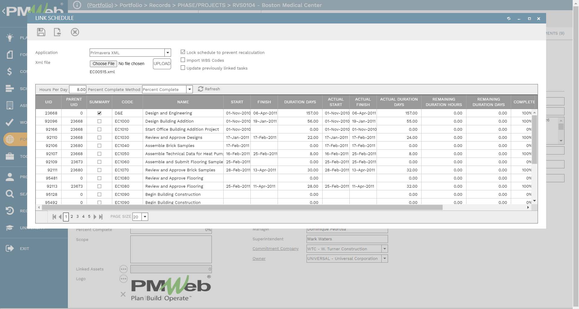 PMWeb 7 Portfolio Records Phase/Projects Boston Medical Center 
Link Schedule