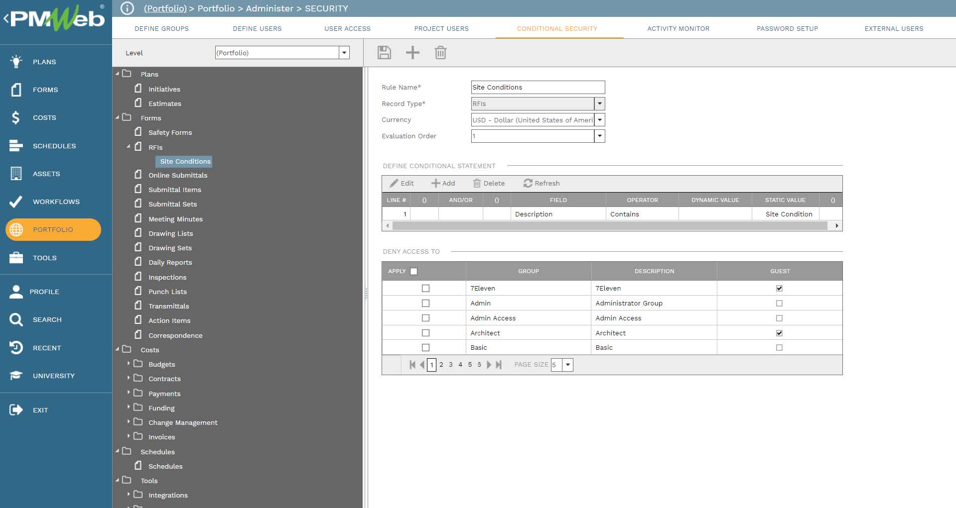 PMWeb 7 Portfolio Administer Security 
Conditional Security 