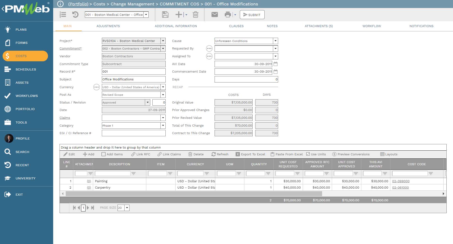 PMWeb 7 Costs Charge Management Commitment COS Office Modifications 
MAin