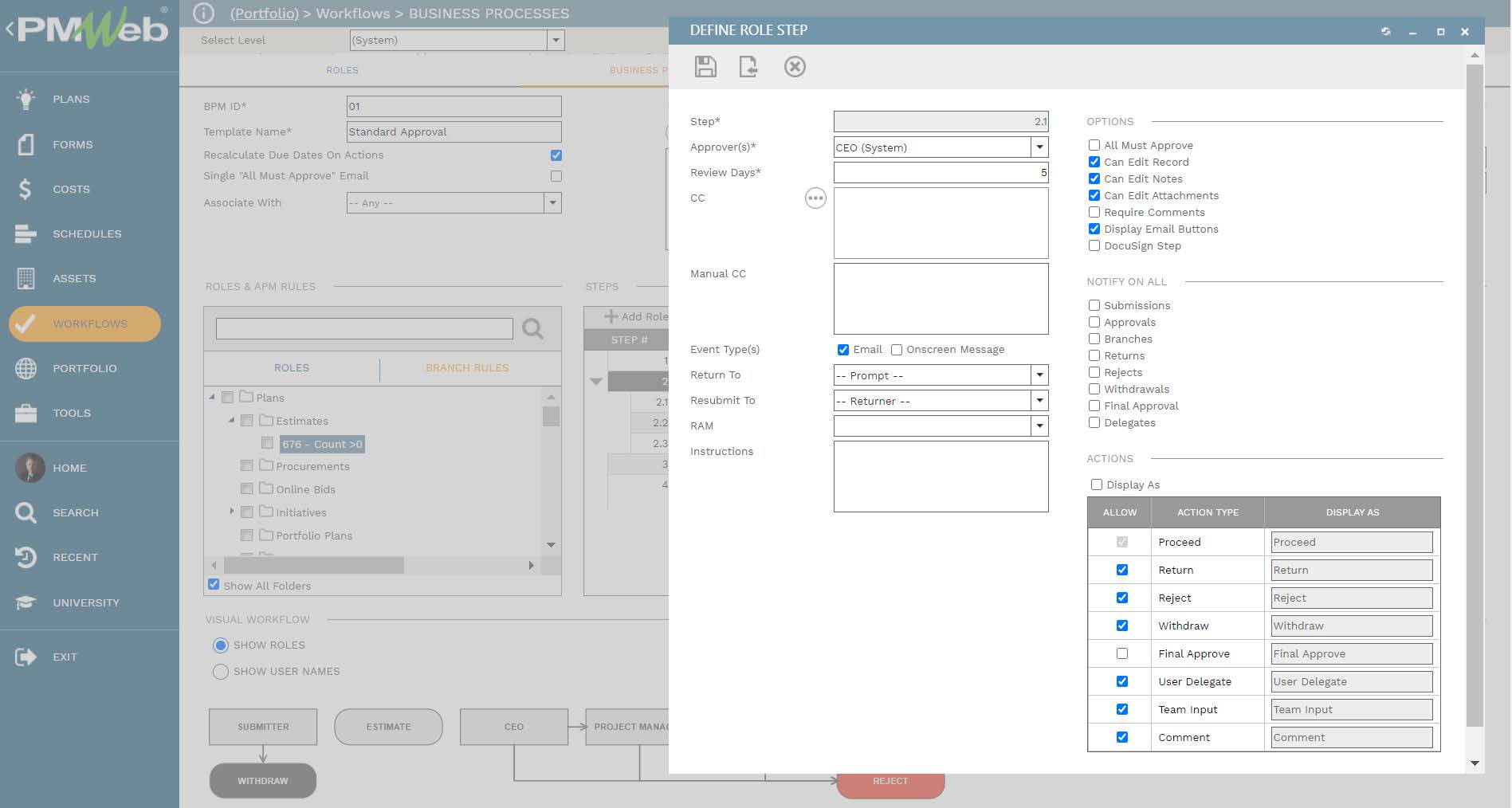 PMWeb 7 Workflows Business Processes 
Define Role Step 