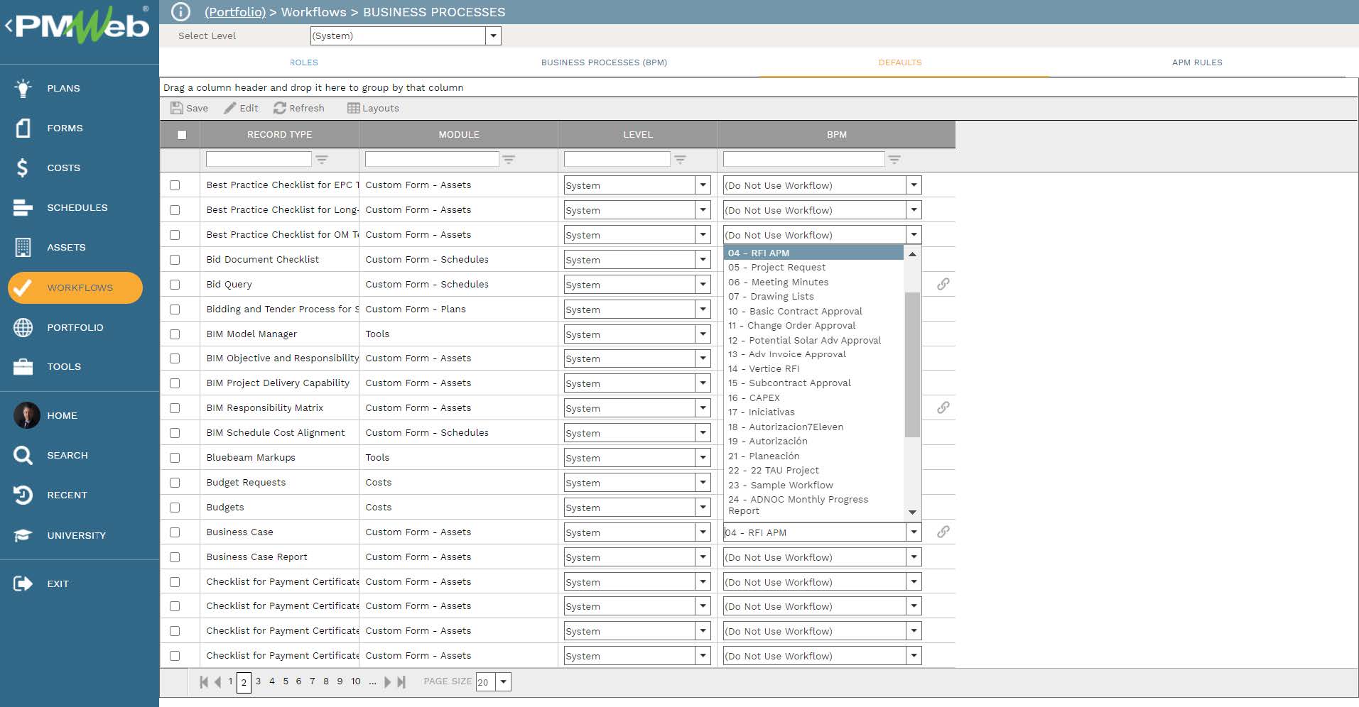 PMWeb 7 Workflows Business Processes 
Defaults