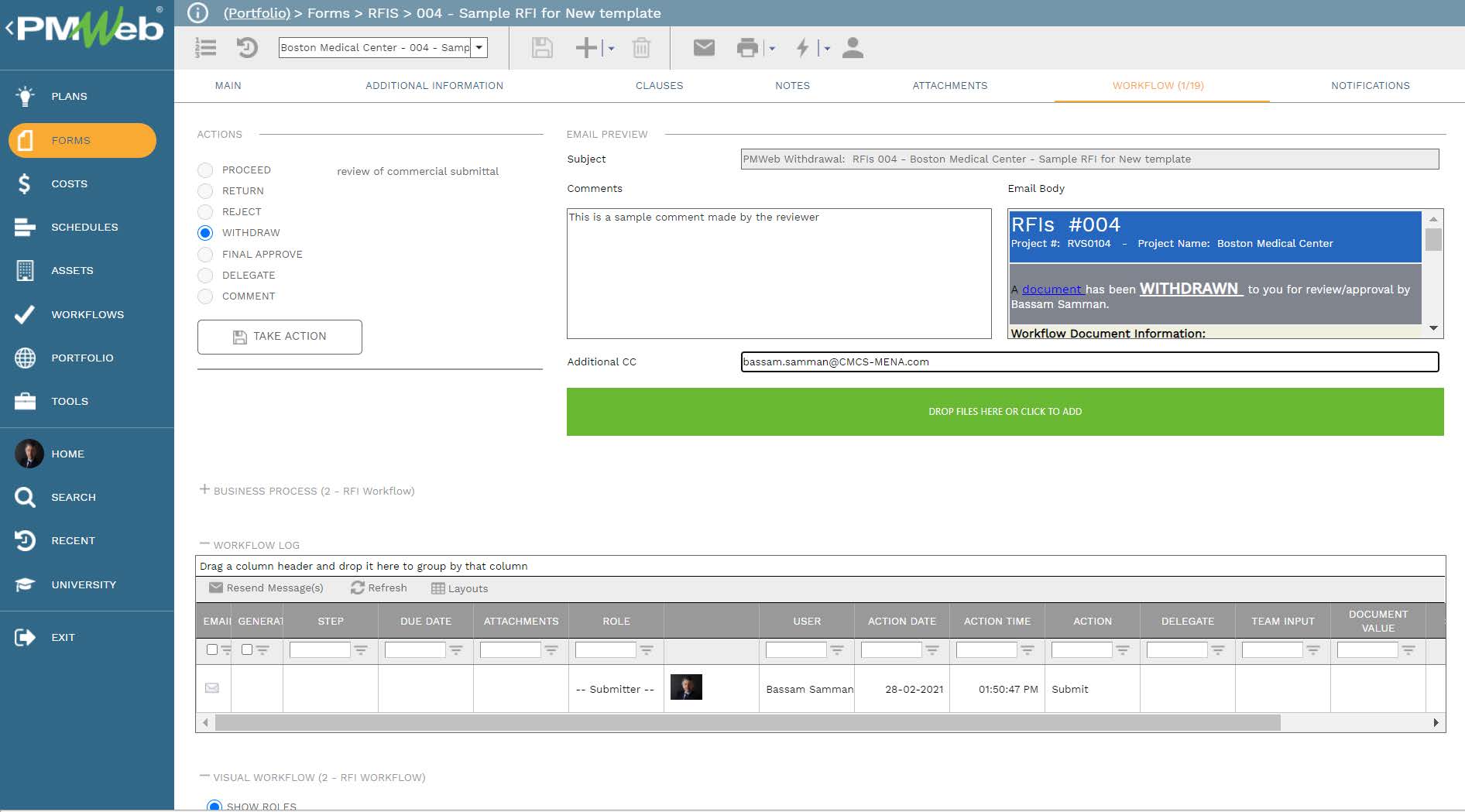 PMWeb 7 Forms RFIs Sample RFI for New Template 
Workflow 