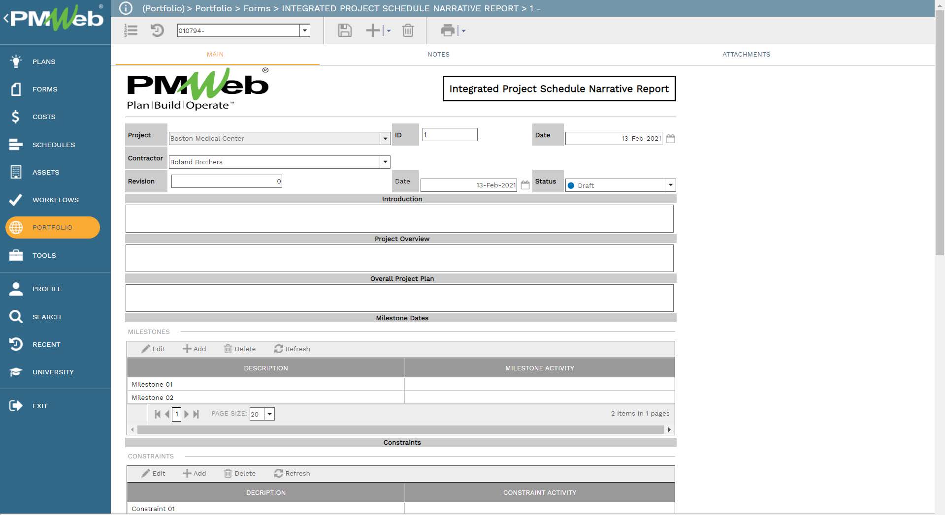 PMWeb 7 Portfolio Forms Integrated Project Schedule Narrative Report 
Main 