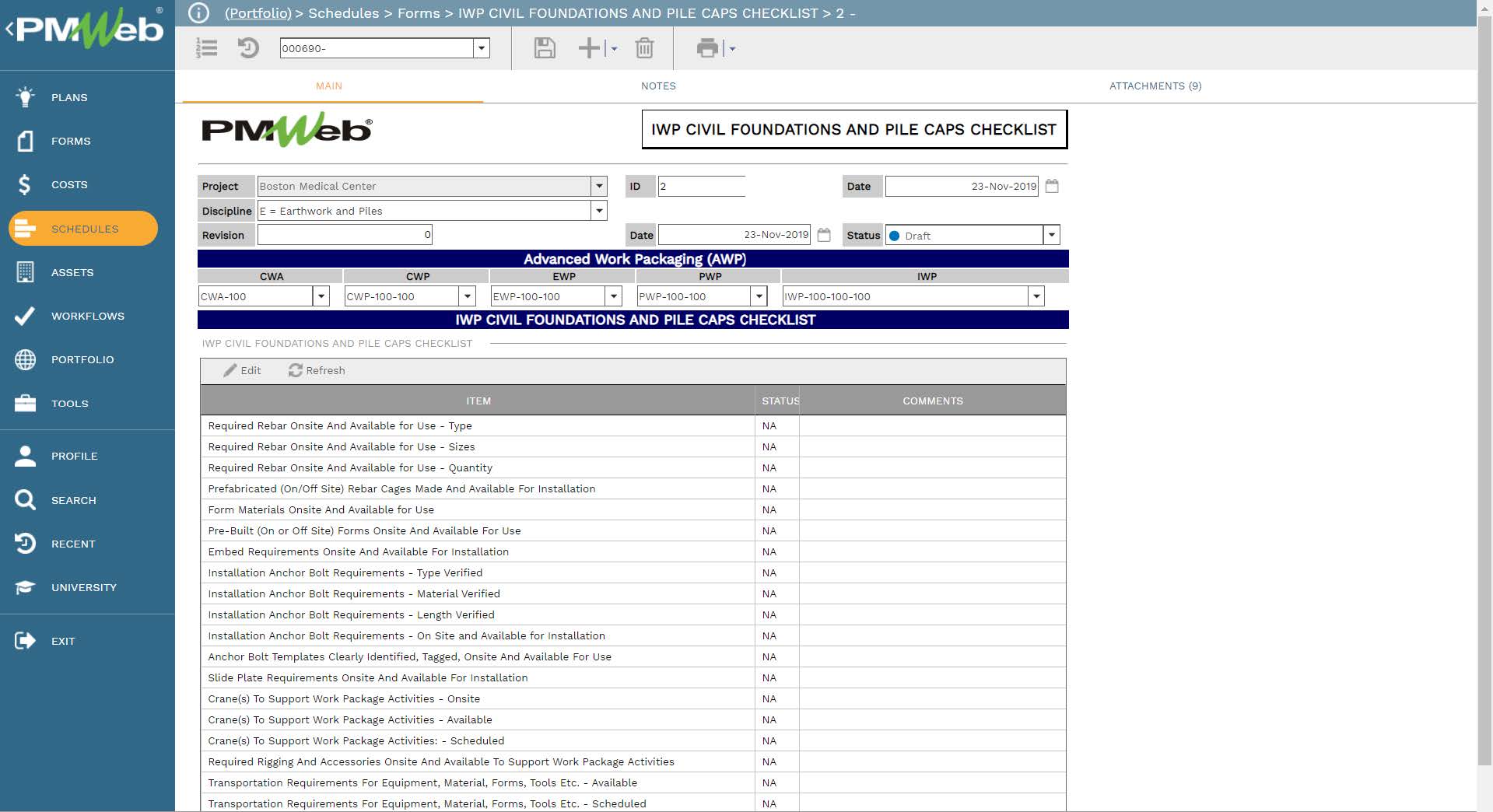 PMWeb 7 Schedules Forms IWP Civil Foundation And Pile Caps Checklist 
Main 