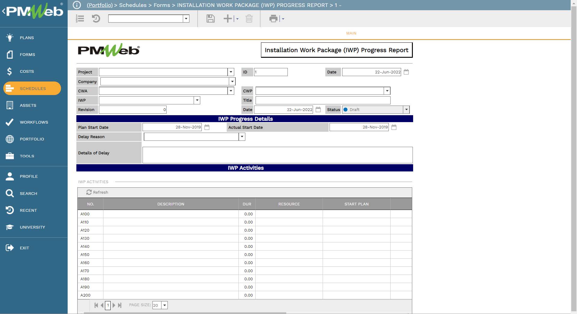 PMWeb 7 Schedules Forms Installation Work Package (IWP) Progress Report
Main