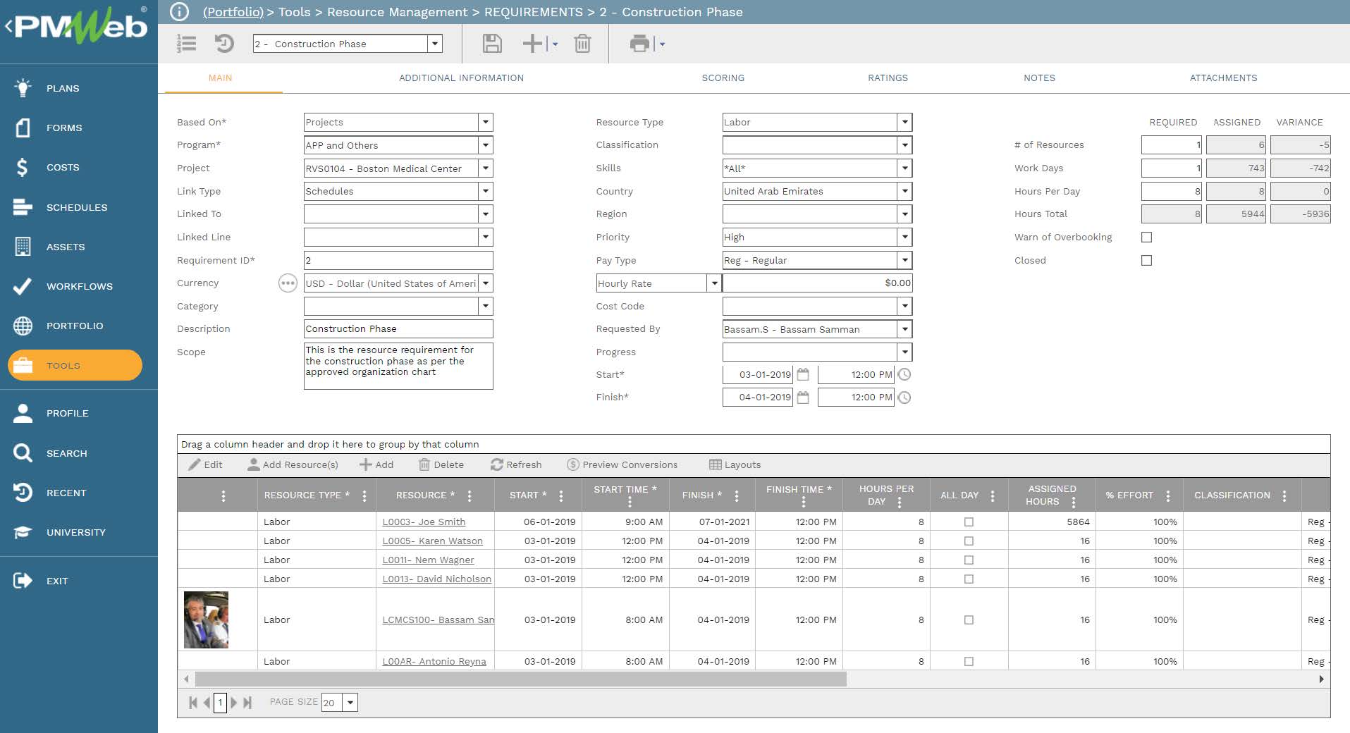 PMWeb Resource Management Requirements Construction Phase 
Main