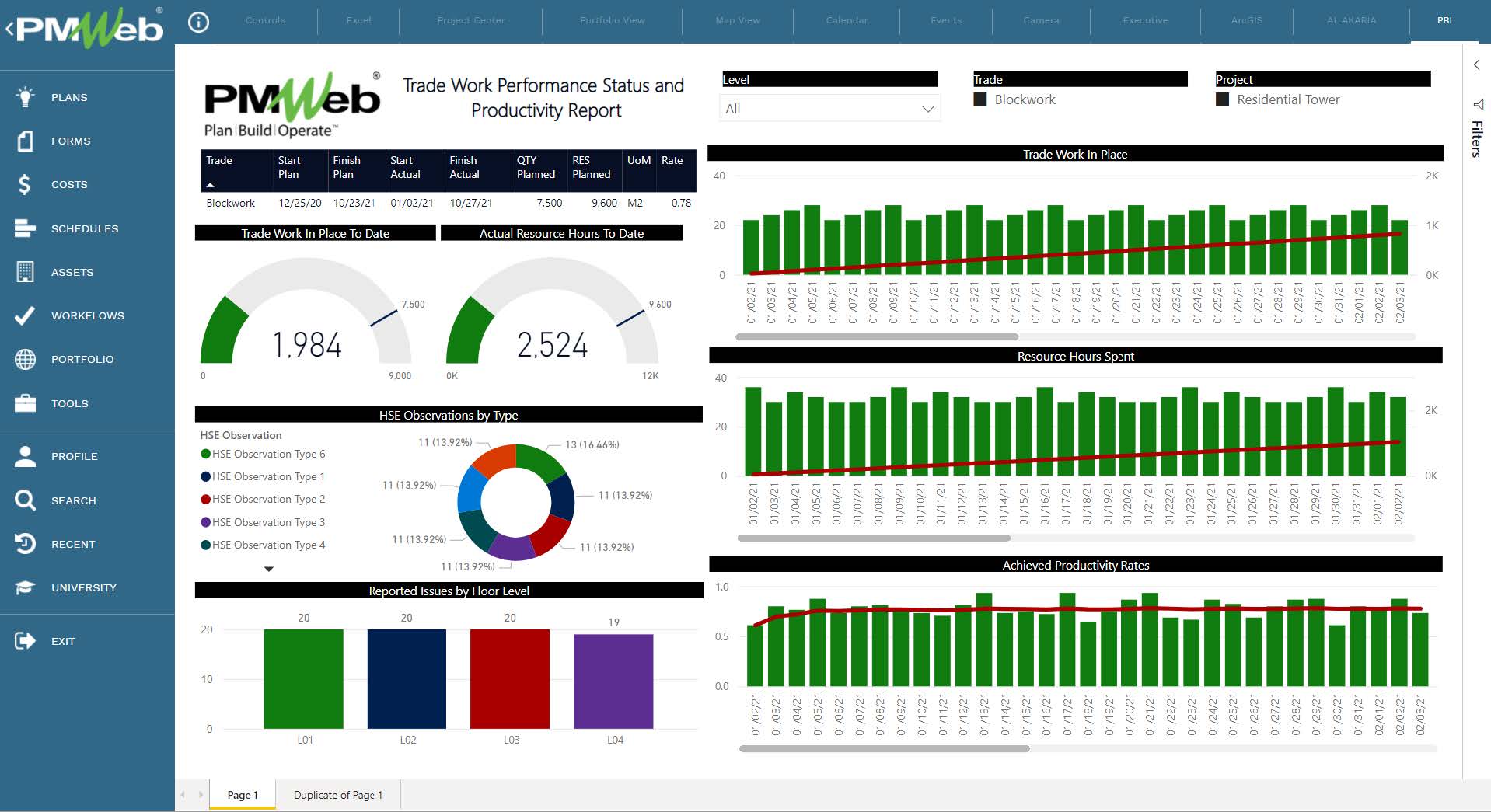 PMWeb 7 Trade Work Performance Status and Productivity Report