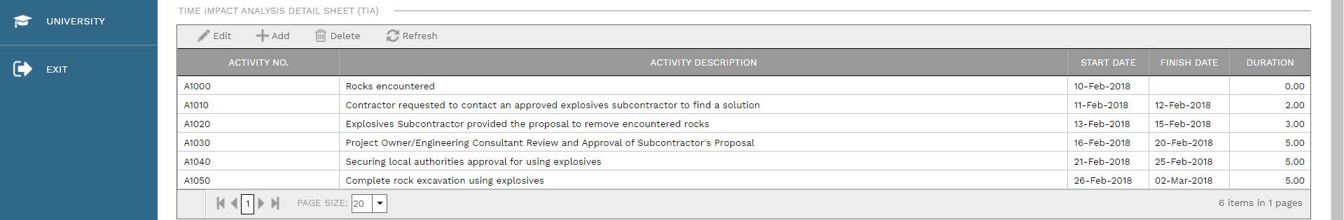 PMWeb 7 Schedules Forms Time Impact Analysis (TIA) Report Rocked Encountered at Main Lobby Basement Level 
Main