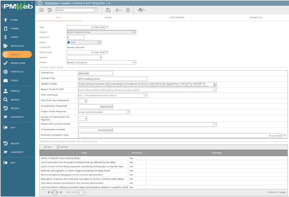 PMWeb 7 Assets Forms EOT Request 
Main 