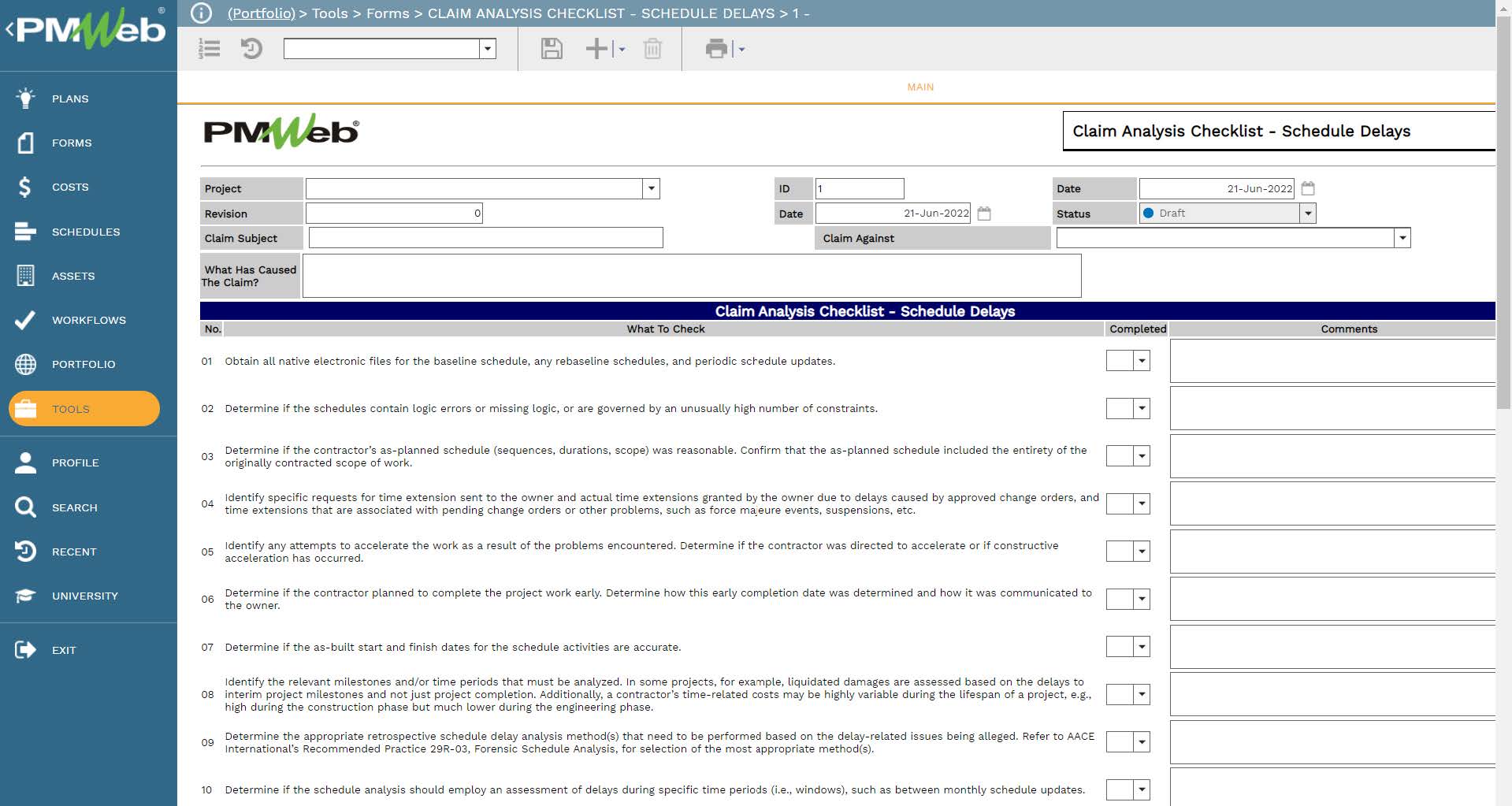 PMWeb 7 Tools Forms Claim Analysis Checklist Schedule Delay 
Main 