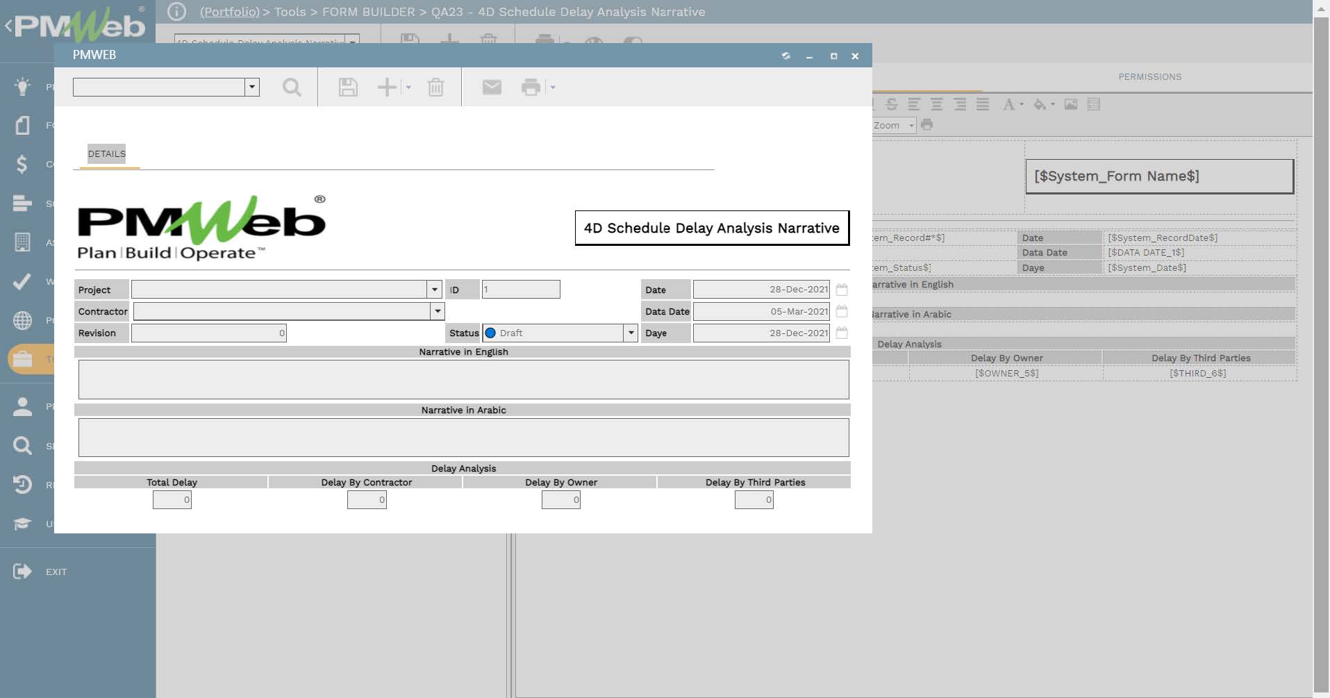 PMWeb 7 Tools Form Builder QA23 4d Schedule Delay Analysis Narrative 