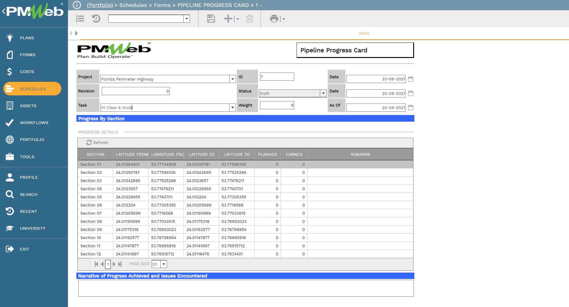 PMWeb 7 Schedules Forms Pipeline Progress Card 
Main 