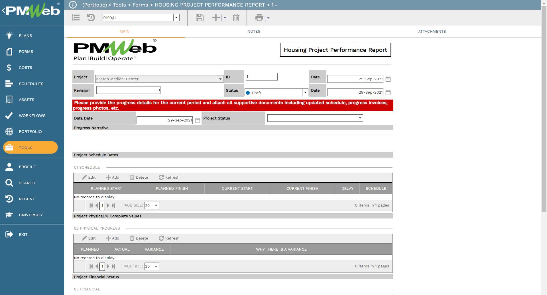 PMWeb 7 Tools Forms Housing Projects Performance Report
Main 