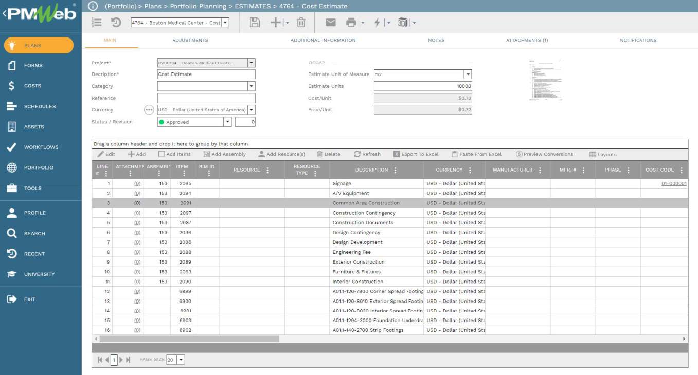 PMWeb 7 Plans Portfolio Planning Estimates Cost Estimate
Main 