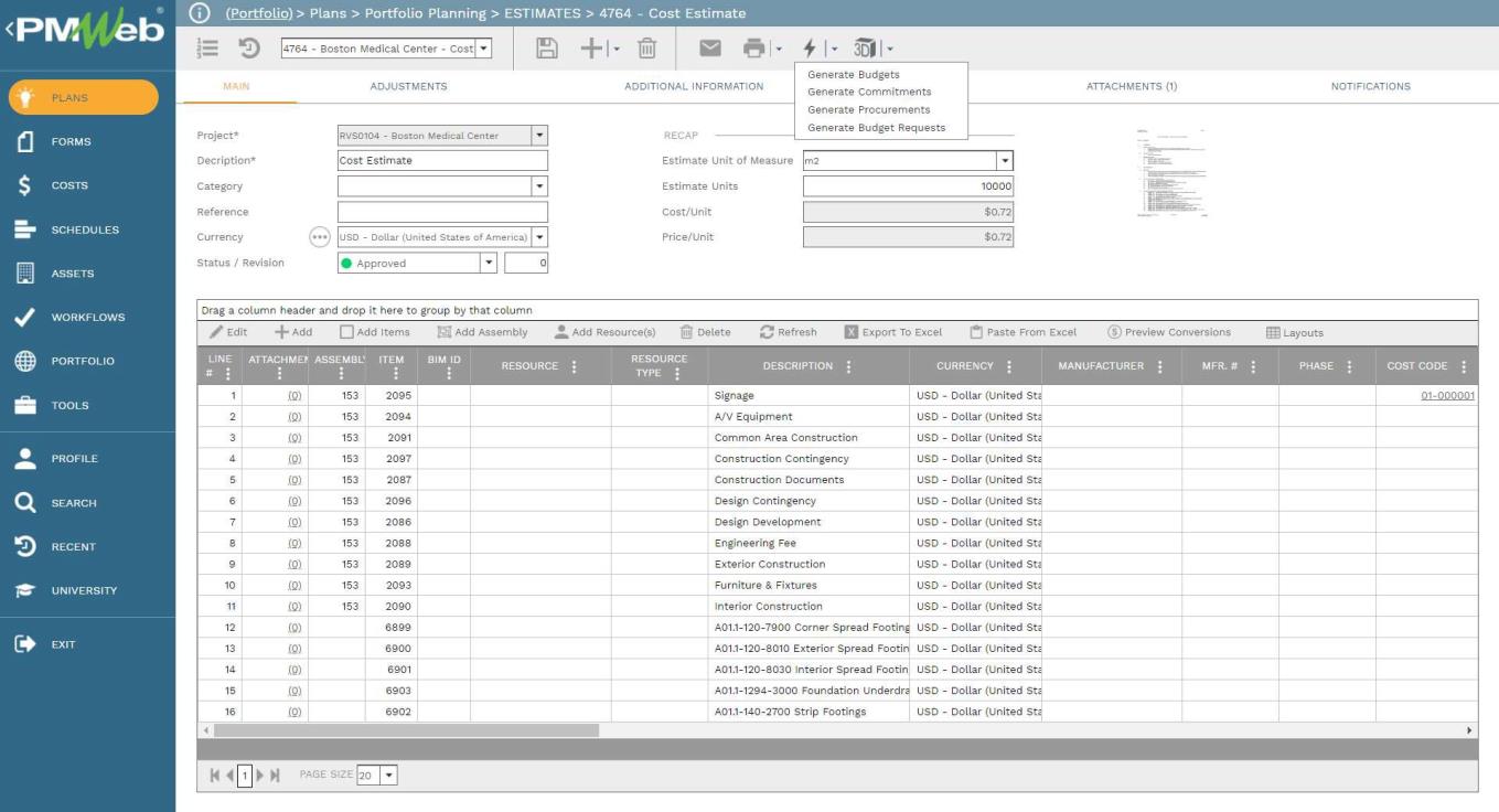 PMWeb 7 Plans Portfolio Planning Estimates 4764 Cost Estimate
Main 