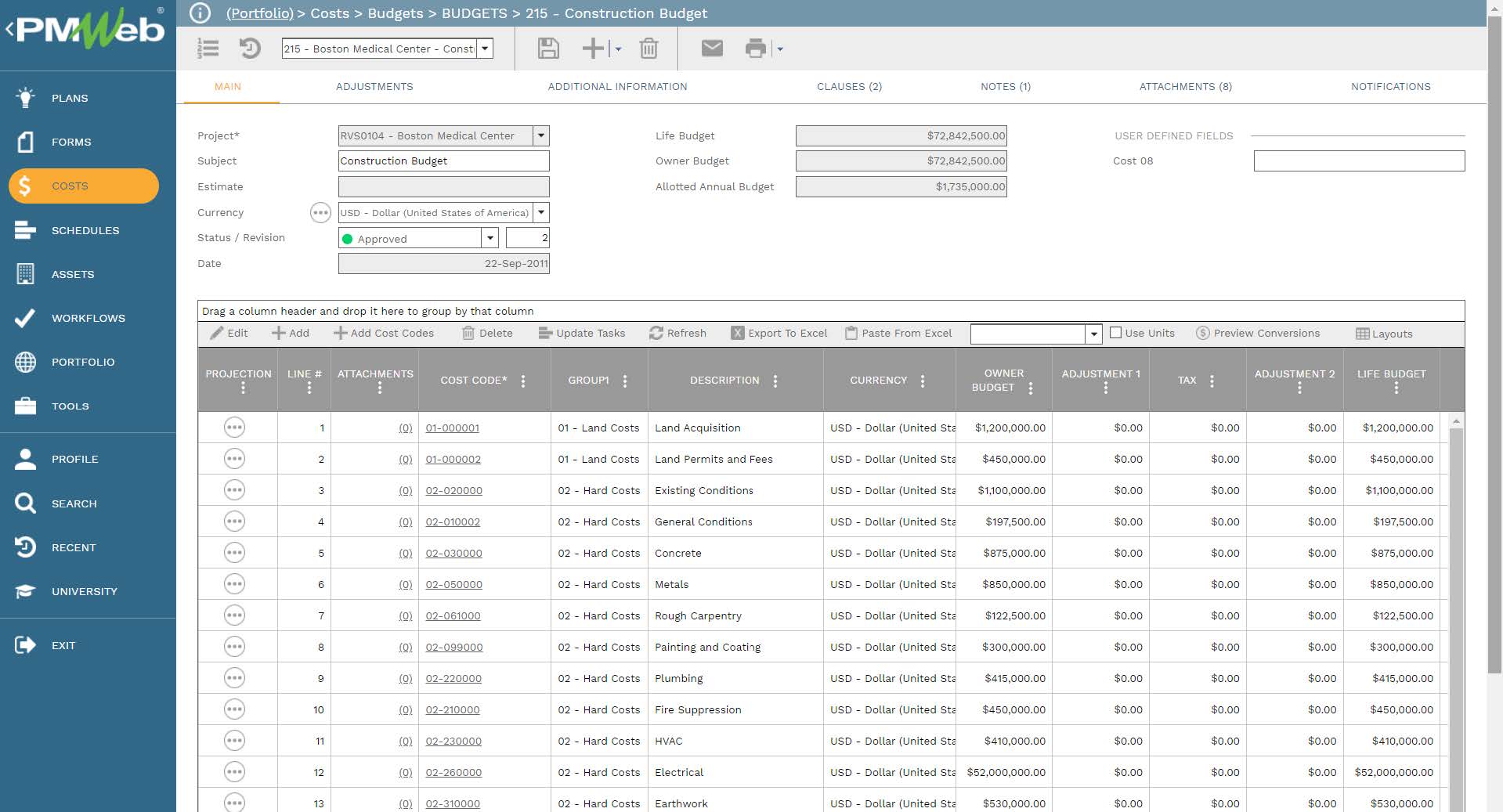 PMWeb 7 Costs Budgets budgets construction Budget 
Main 