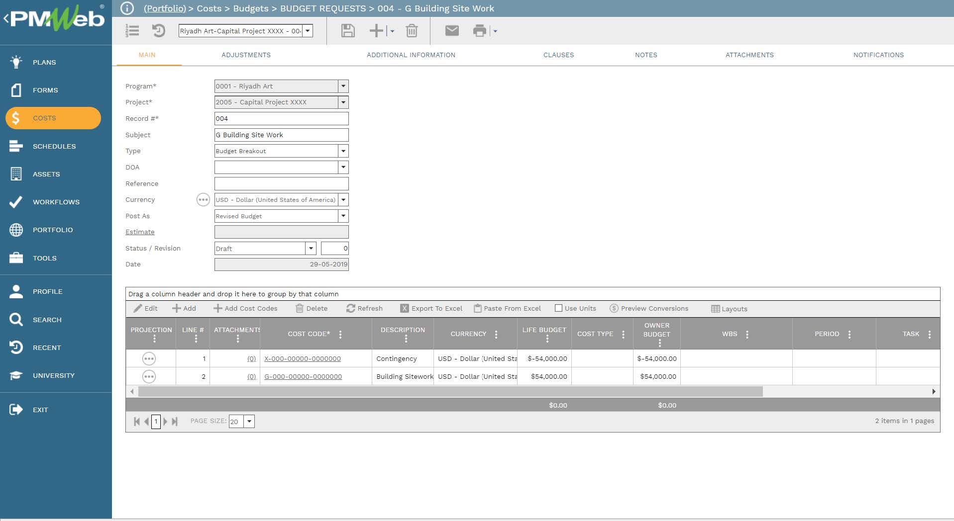 PMWeb 7 Costs Budgets budgets Requests G Building Site Work 
Main 