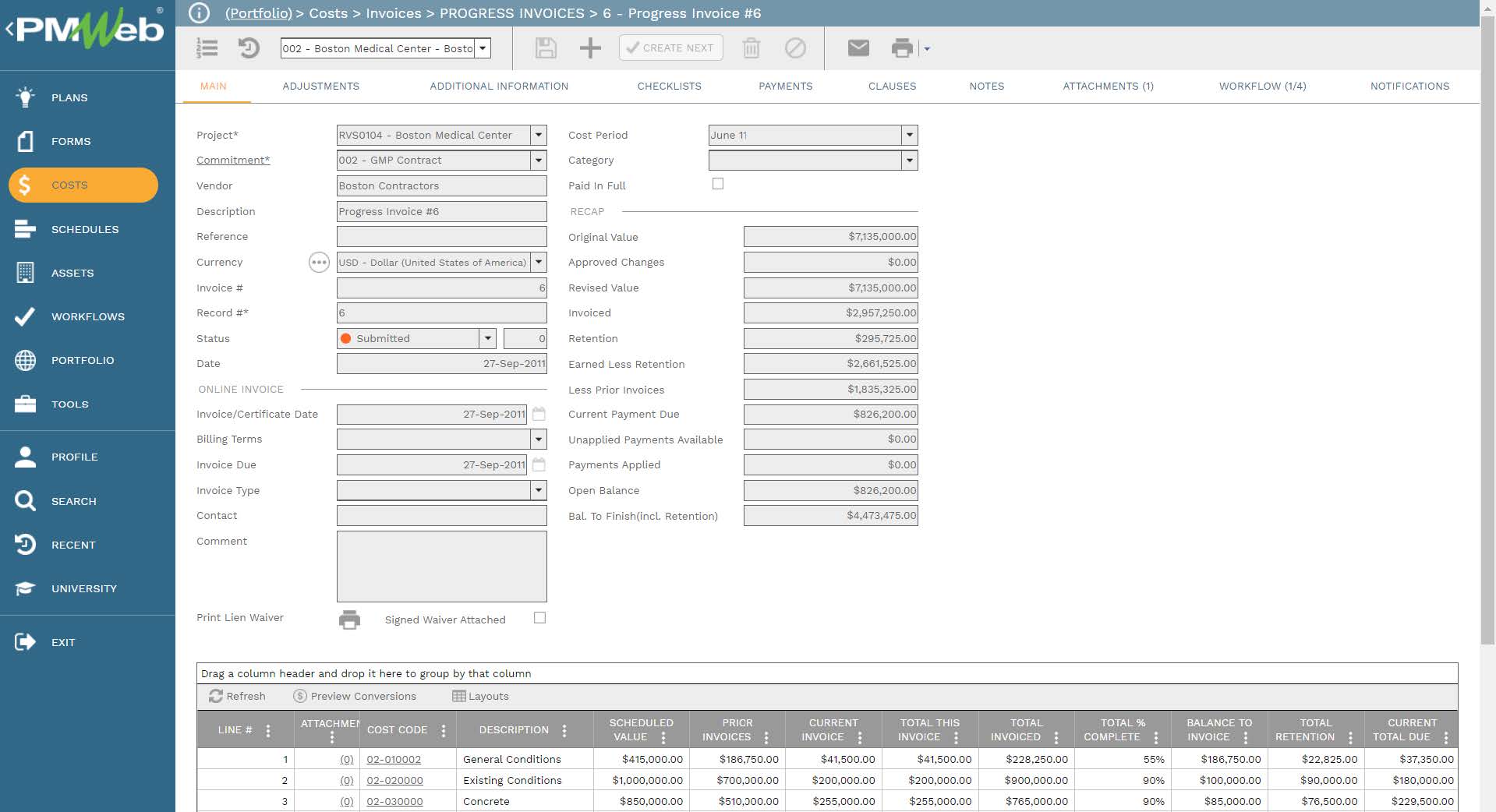 PMWeb 7 Costs Invoices Progress Invoices Progress Invoice 
Main 