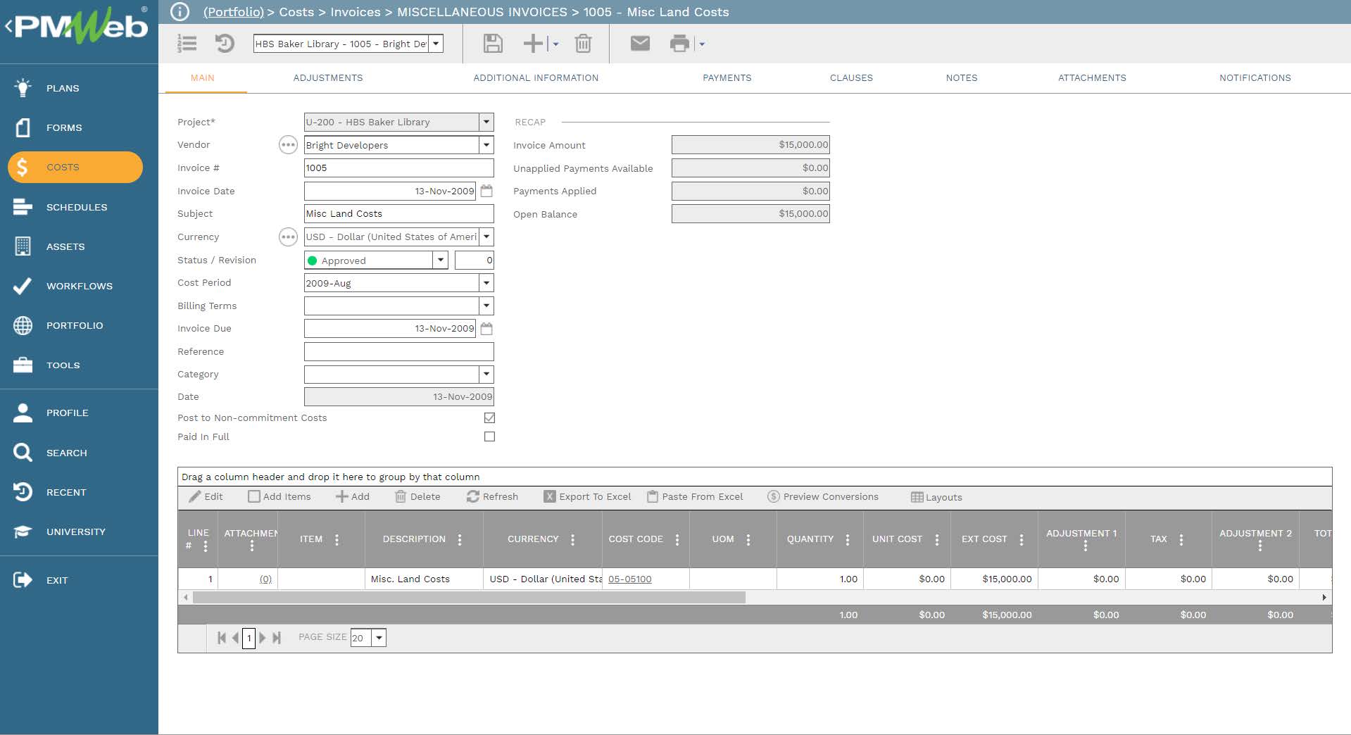 PMWeb 7 Costs Invoices Miscellaneous Invoices Misc land Costs 
Main 