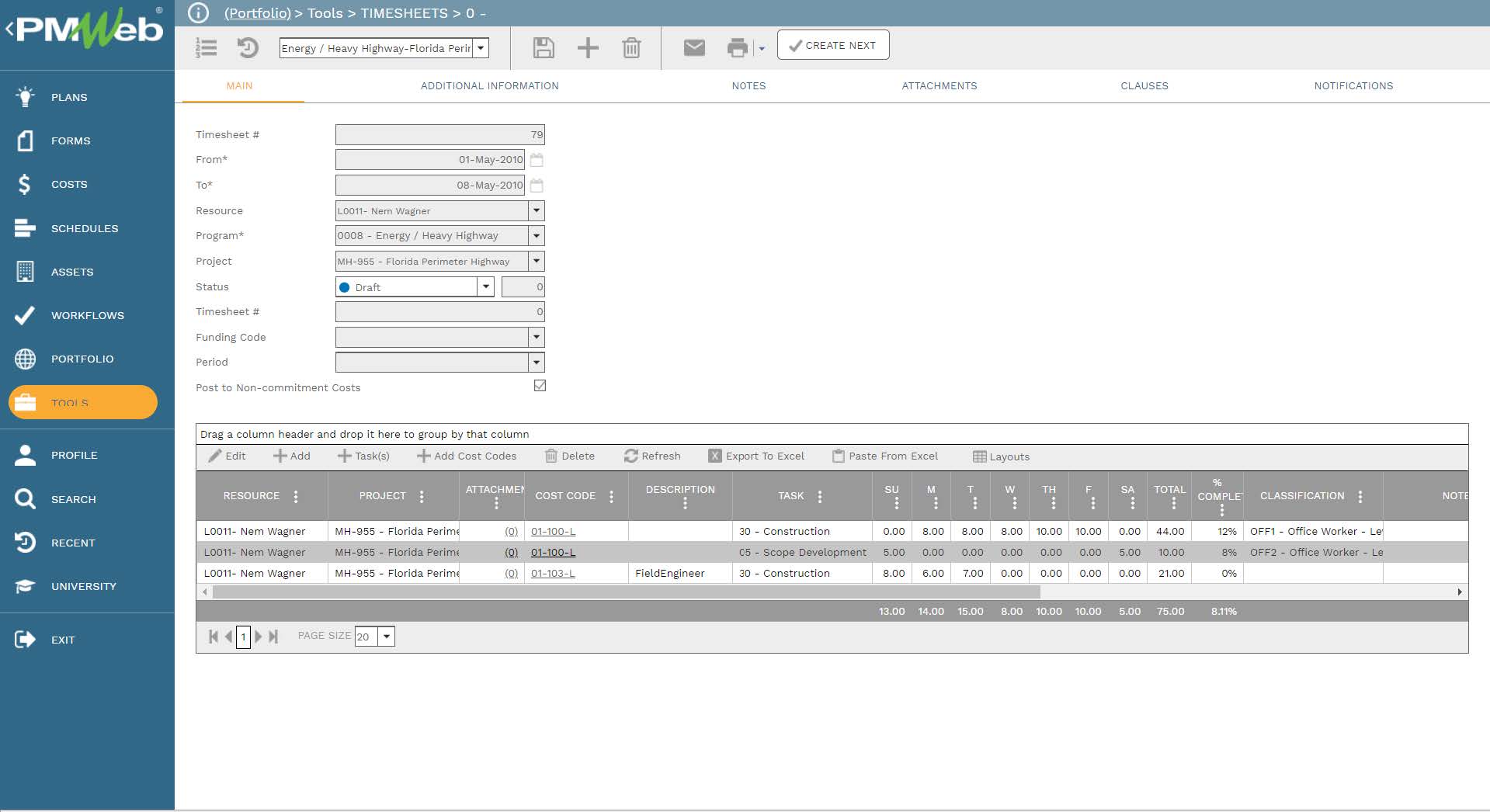 PMWeb 7 Tools Timesheets 
Main 