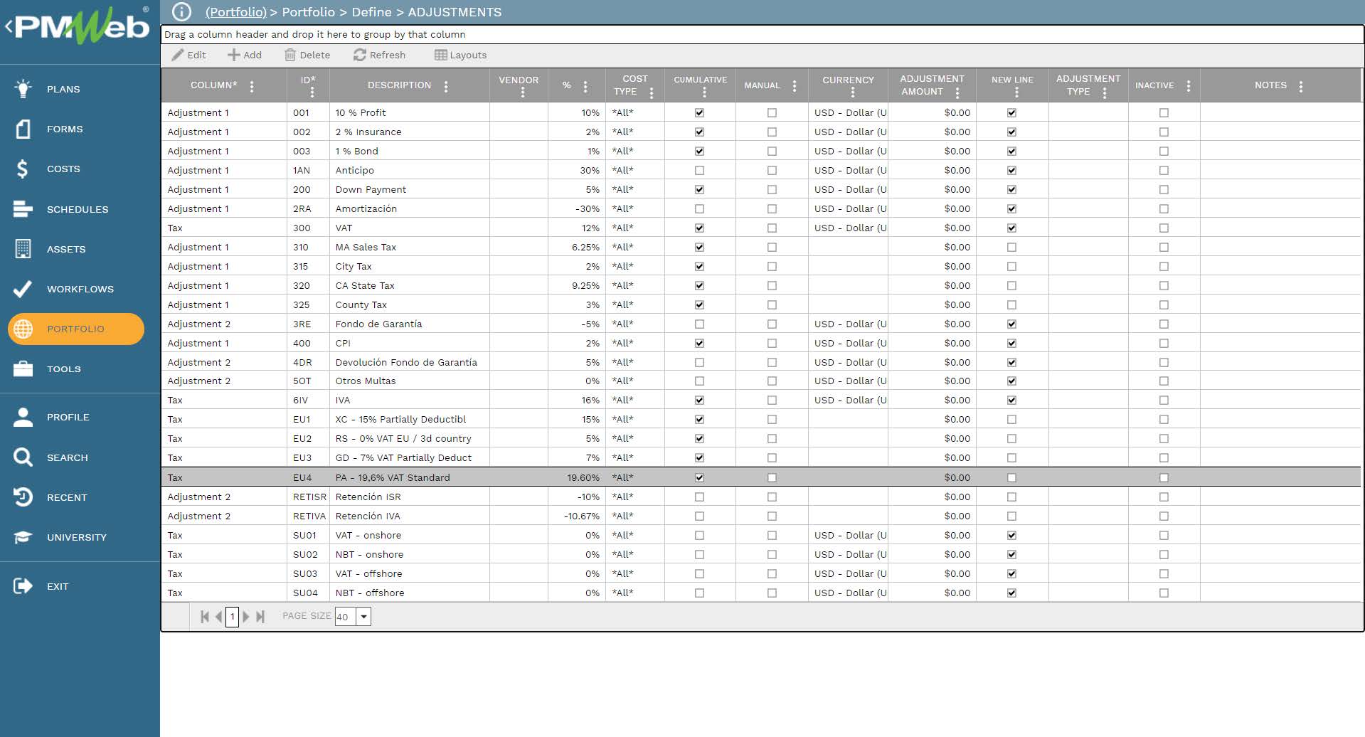 PMWeb 7 Portfolio Define Adjustments 