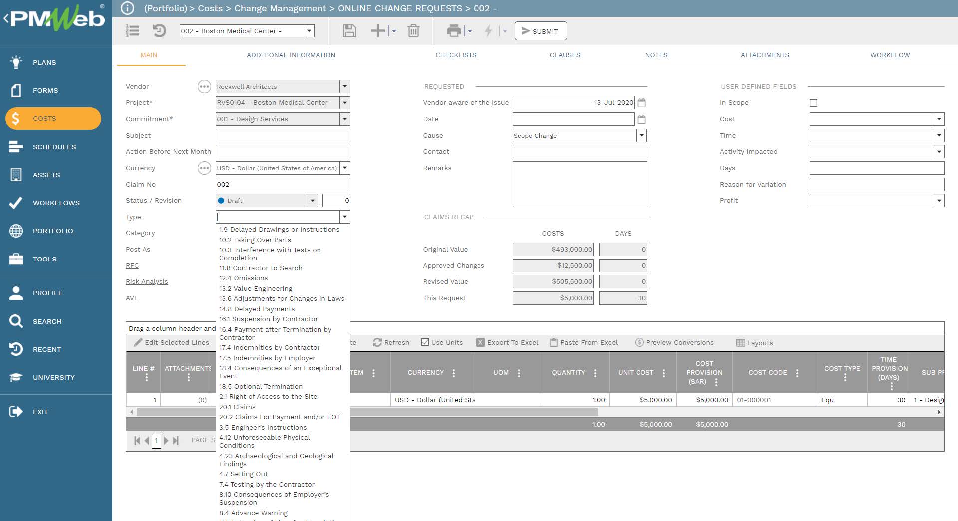 PMWeb 7 Costs Change Management Online Change Requests 
Main 