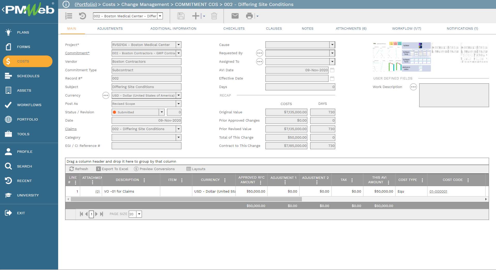 PMWeb 7 Costs Change Management Commitment COS Differing Site Conditions
Main 