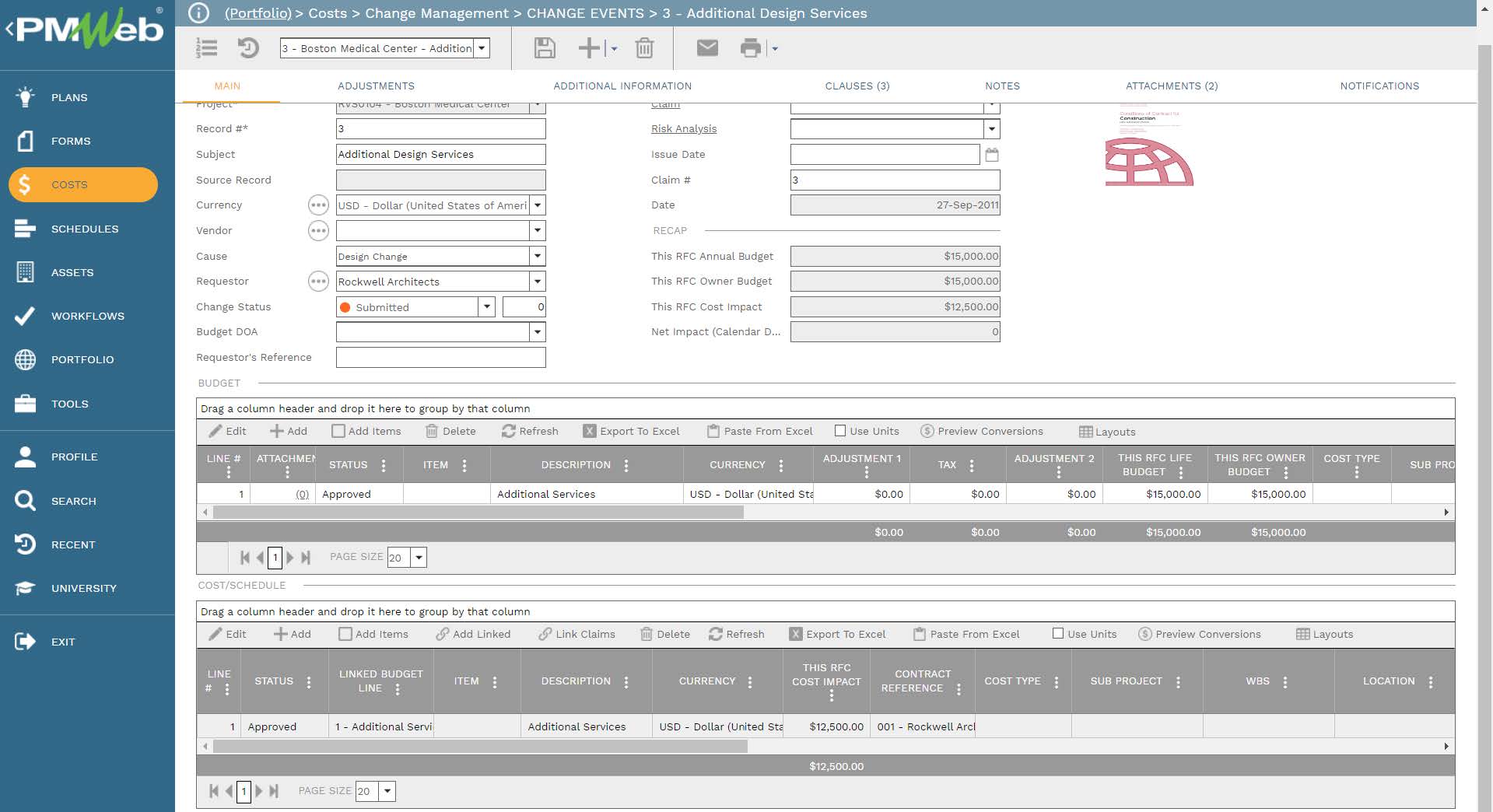 PMWeb 7 Costs Change Management  Change Events Additional Design Services 
Main 