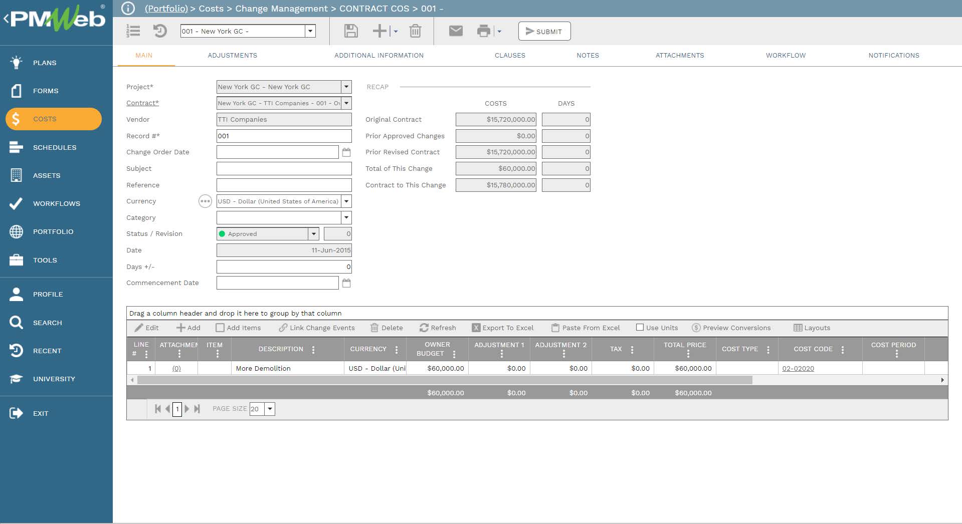 PMWeb 7 Costs Change Management  Contract COS 
Main