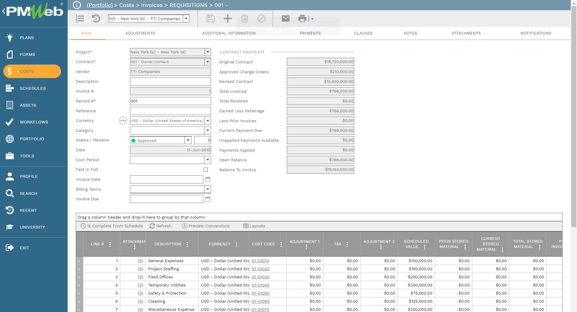 PMWeb 7 Costs Invoices Requisitions 
Main 