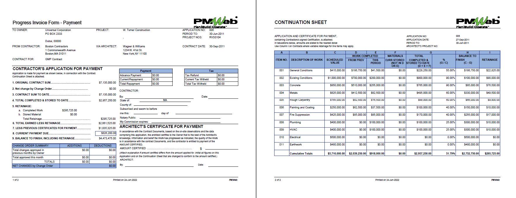 PMWeb 7 Progress Invoice From Payment 
Continuation Sheet