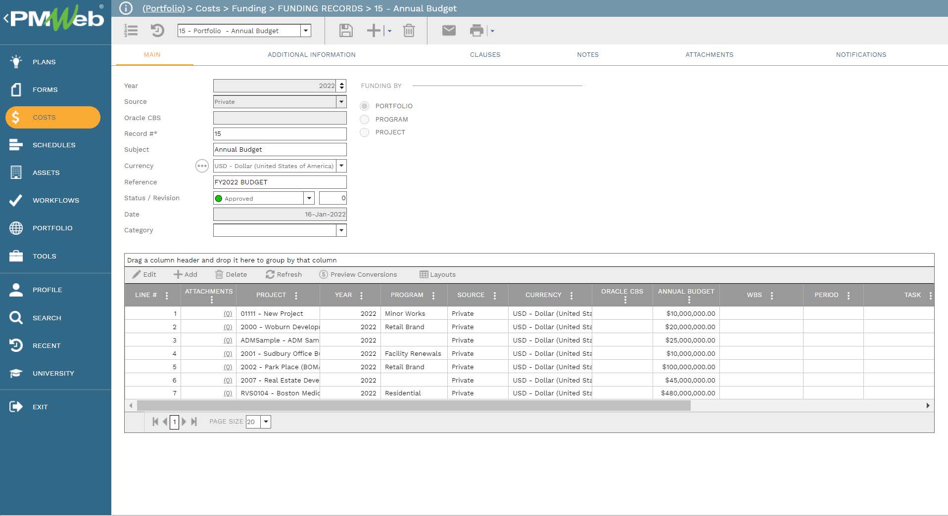 PMWeb 7 Costs Funding Funding Records Annual Budget 
Main