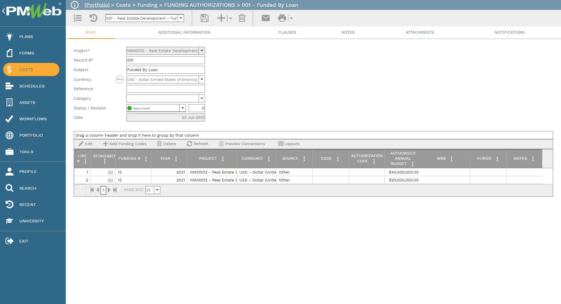 PMWeb 7 Costs Funding Funding Authorization Fund By Loan 
Main 
