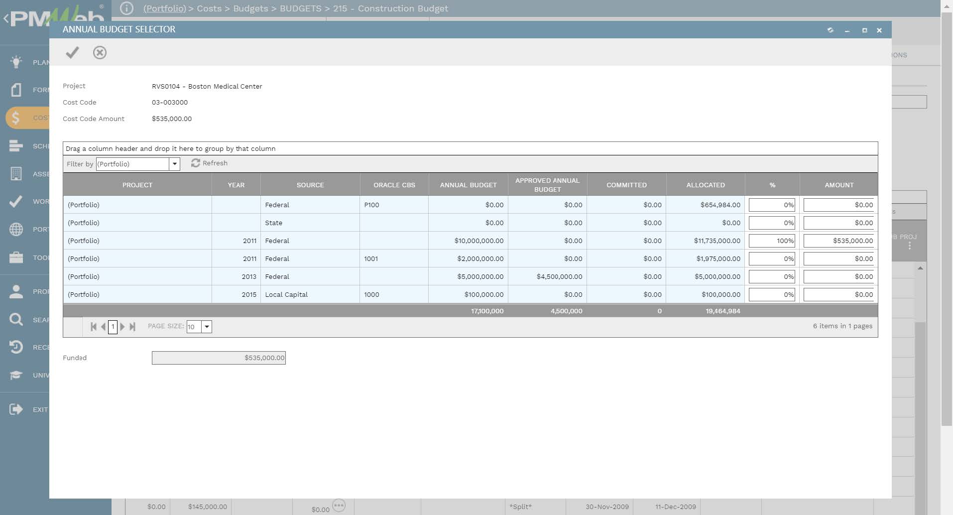 PMWeb 7 Costs Budgets Budgets Construction Budget 
Annual Budget Selector 