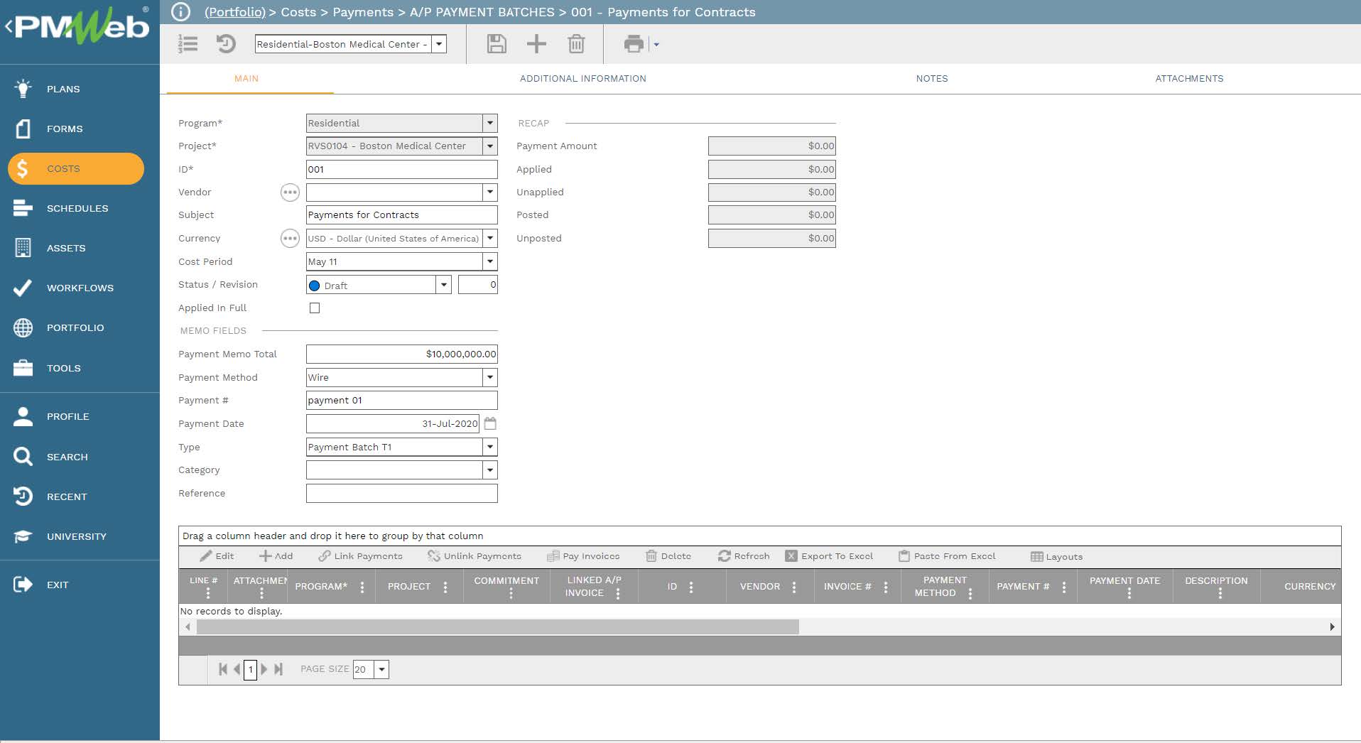 PMWeb 7 Costs Payments A/P Payment Batches Payments for Contracts 
Main