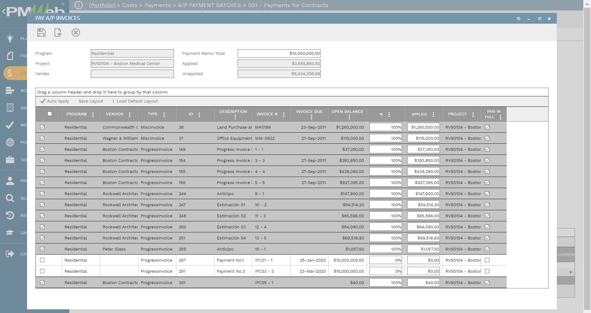 PMWeb 7 Costs Payments A/P Payment Batches Payments for Contracts 
Main
Pay A/P Invoices